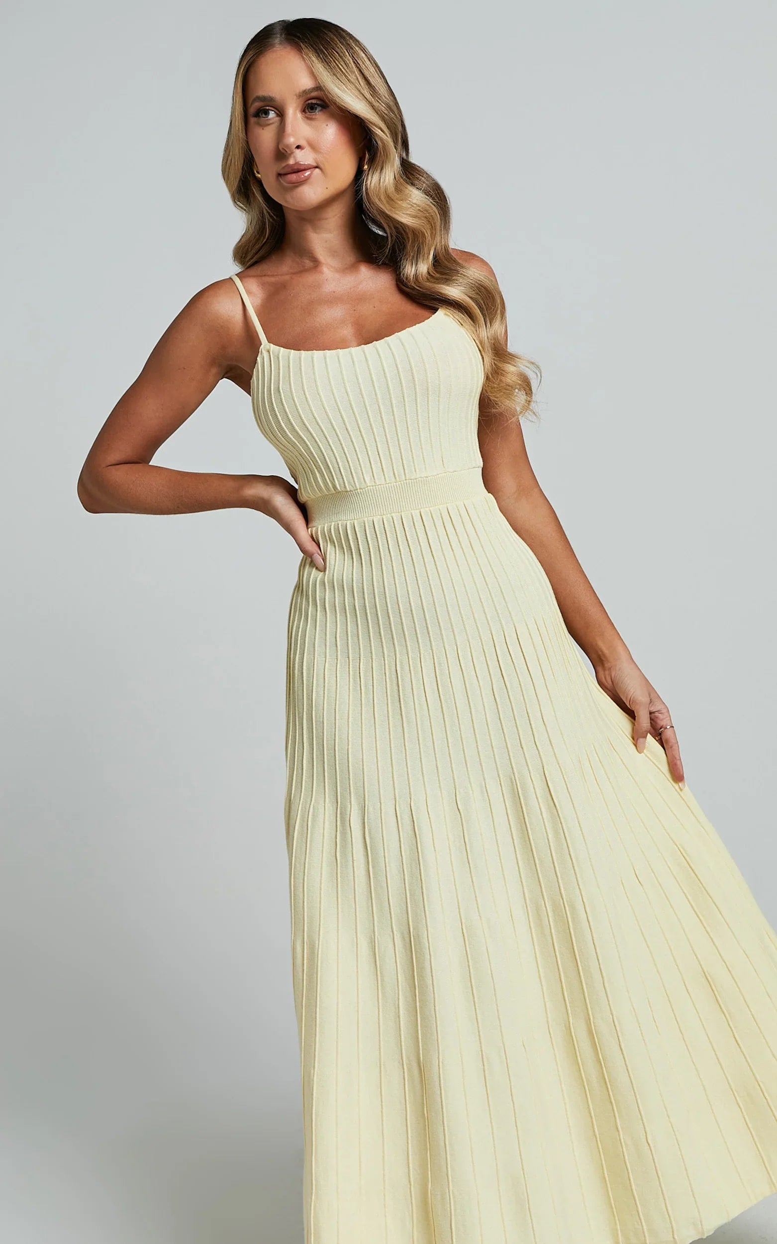 Donissa Midi Dress Panelled Knit Dress in Butter Yellow