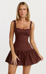 Nyx Mini Dress Balconette Bodice Drop Waist Dress in Chocolate