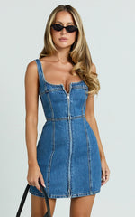 Chrysoula Mini Dress Square Neck Zip Front Sleeveless Bodycon Denim in Mid Blue Wash