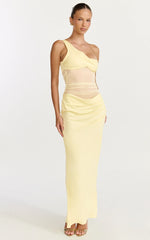Elias Maxi Dress Twisted One Shoulder Cowl Dropped Waist Dress in Lemon