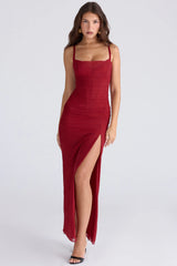 deep red stretch mesh corset maxi dress