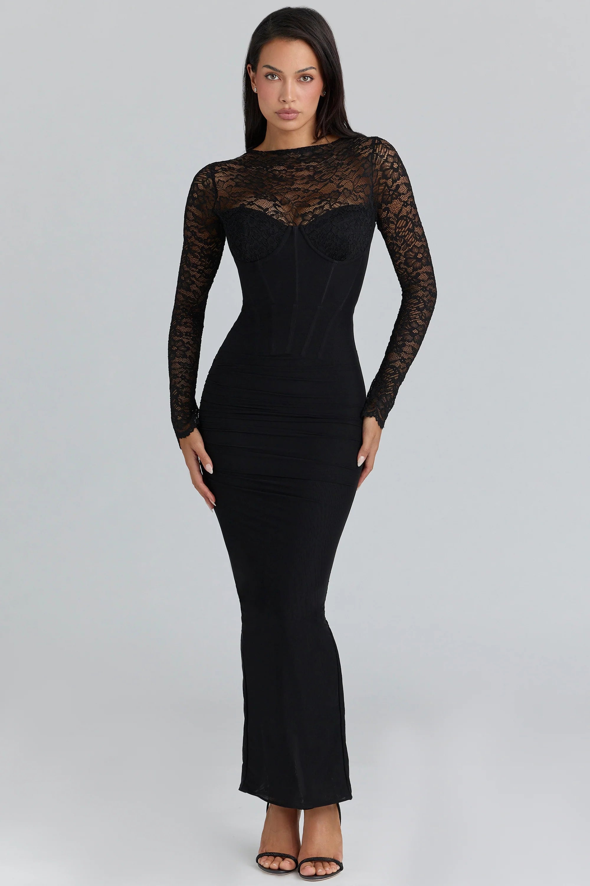 black lace long sleeved corset maxi dress