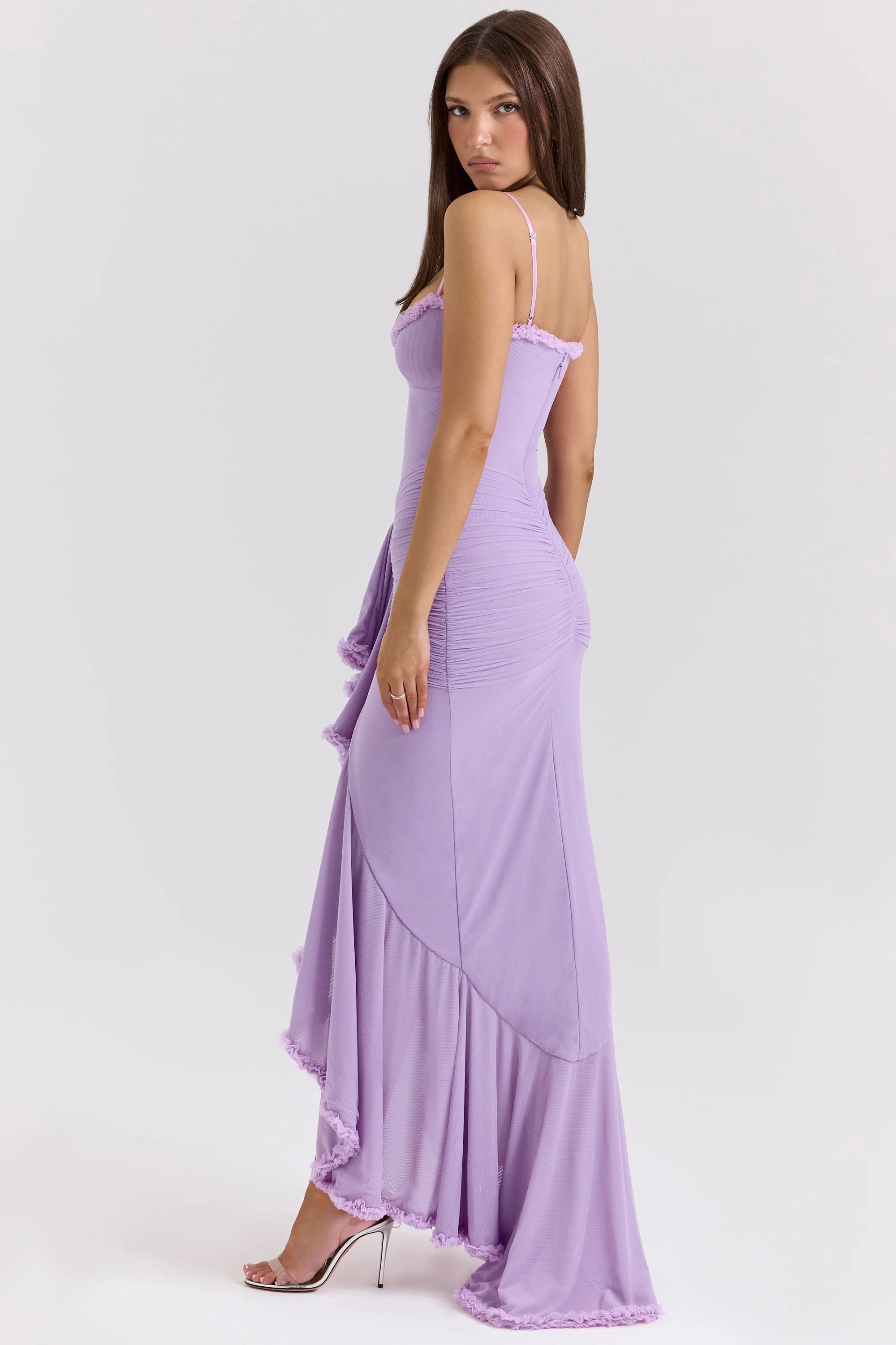 orchid mesh ruffled front gown