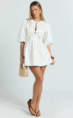 Shailene Mini Dress Tie Front Puff Sleeve Recycled Denim Dress in Ecru