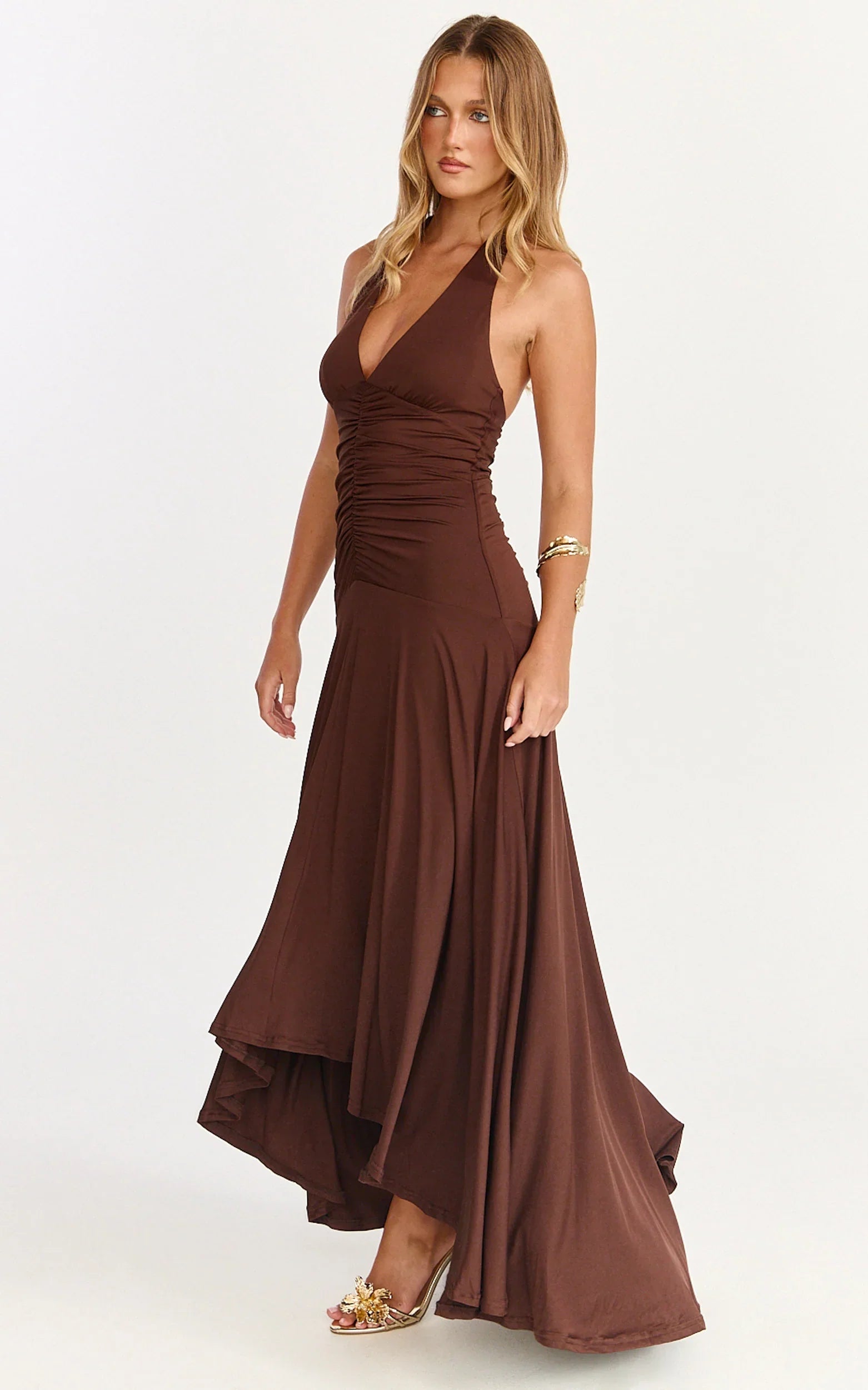 Celeste Maxi Dress Gathered Bodice Dropped Waist Halter Dress in Chocolate