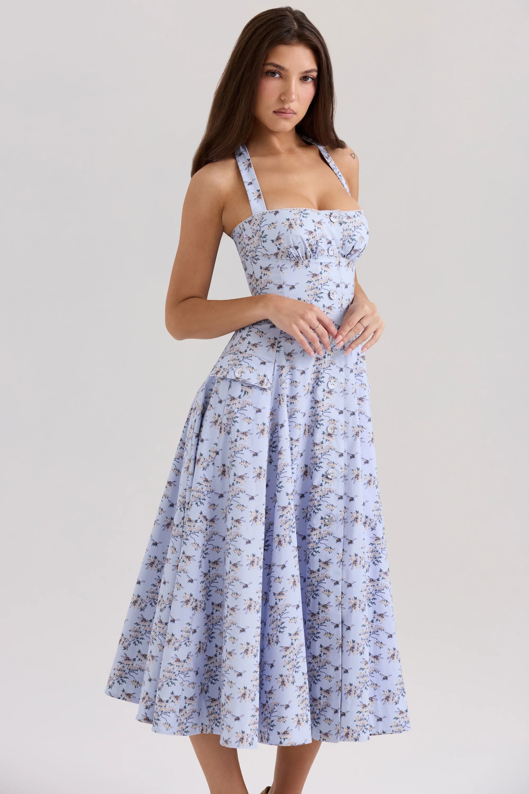 blue floral print stretch cotton halter neck midi dress