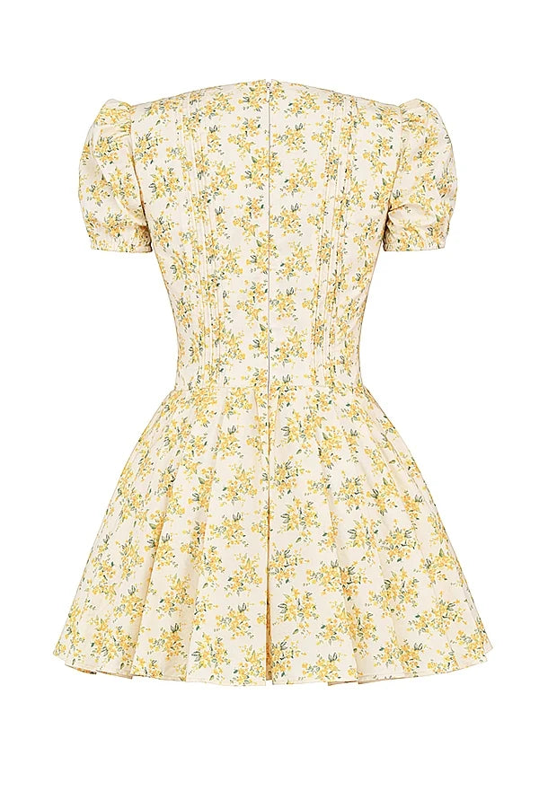 buttercup vintage floral print pleated cotton mini dress