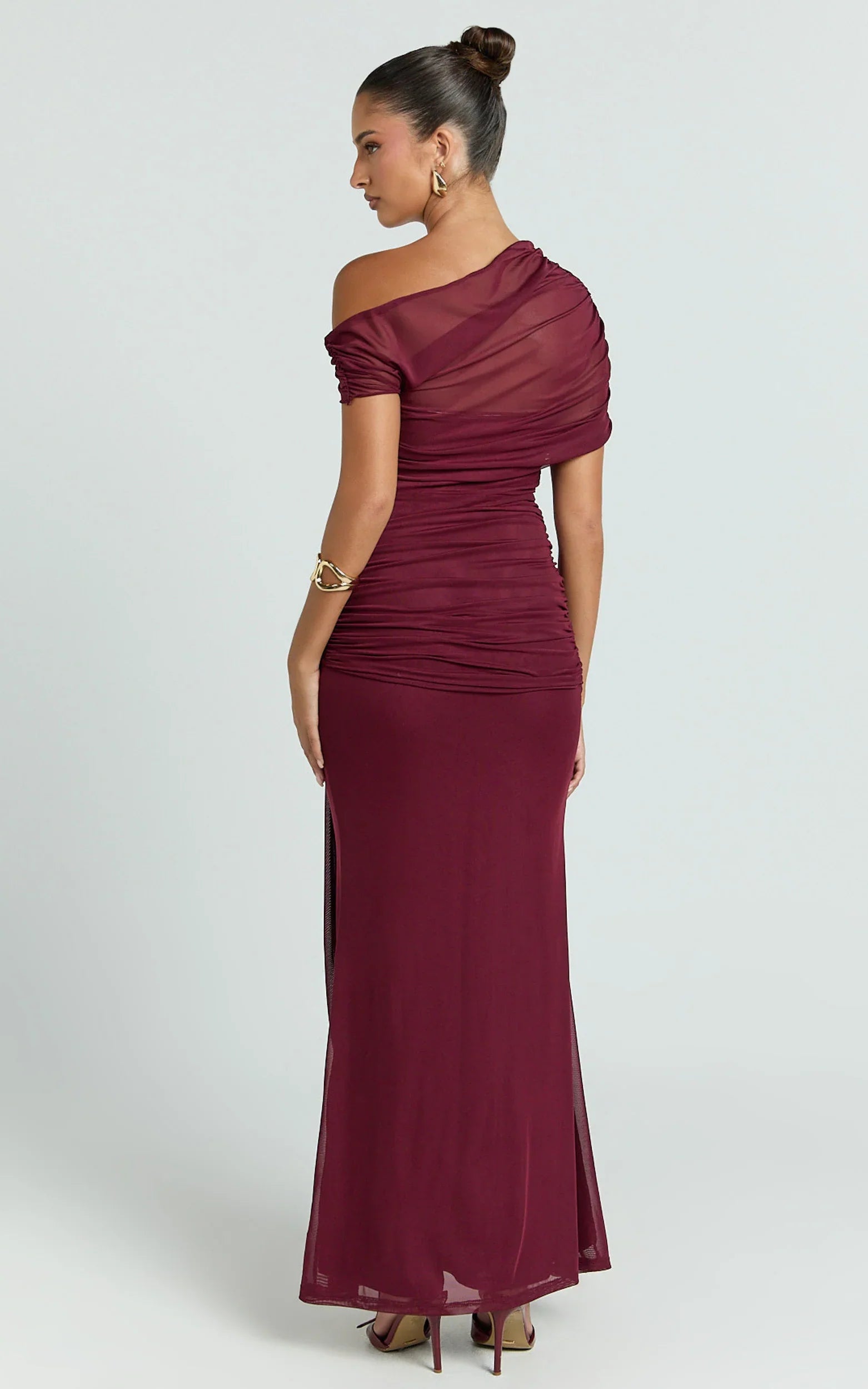 Nicolette Maxi Dress Cape Sleeve Off Shoulder Dress in Wine