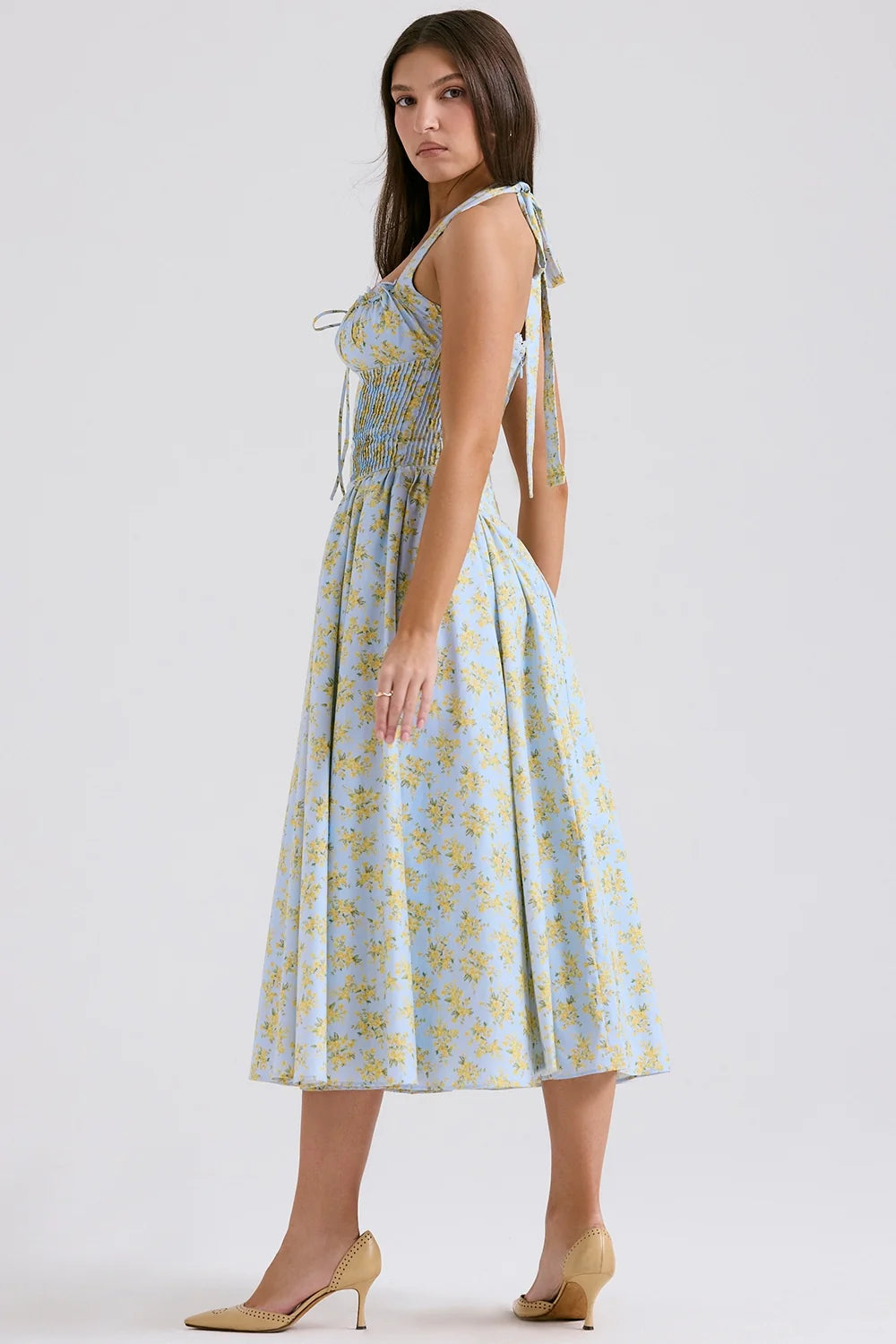 soft blue vintage floral print cotton halter sundress