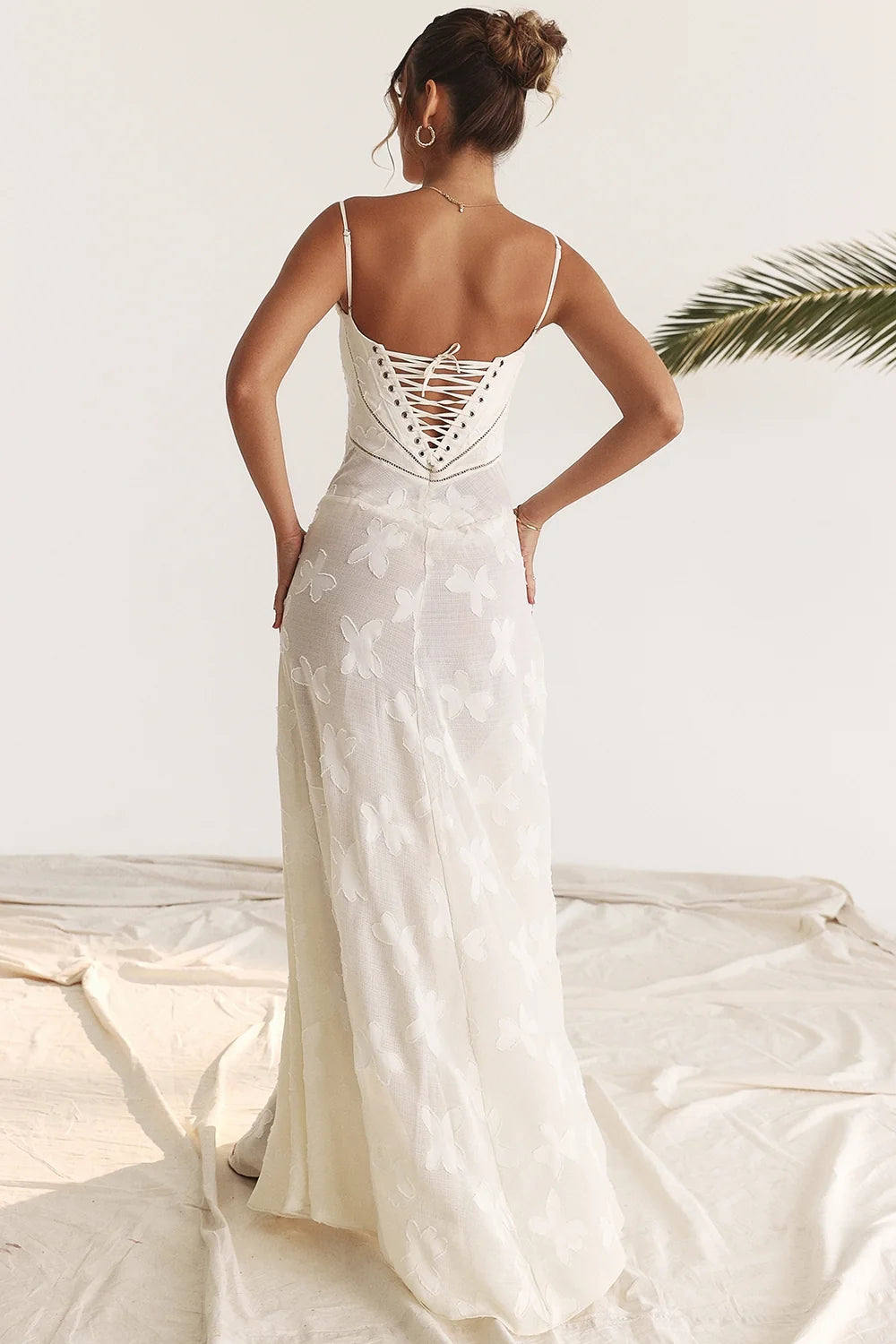 vintage cream floral lace back maxi dress