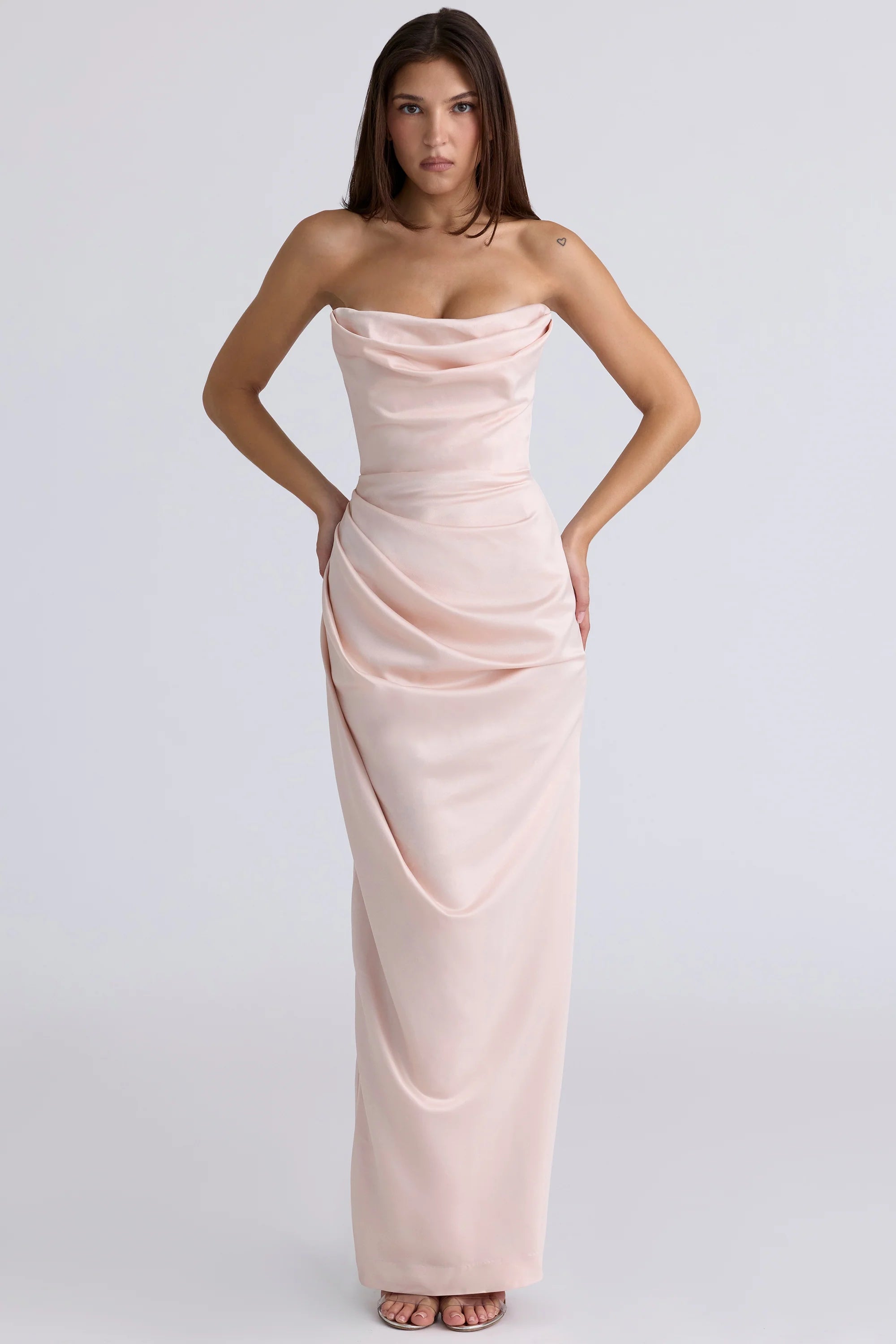 champagne satin strapless gown