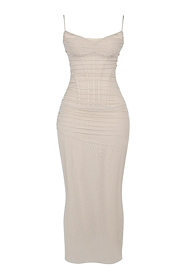 sand stretch mesh maxi dress