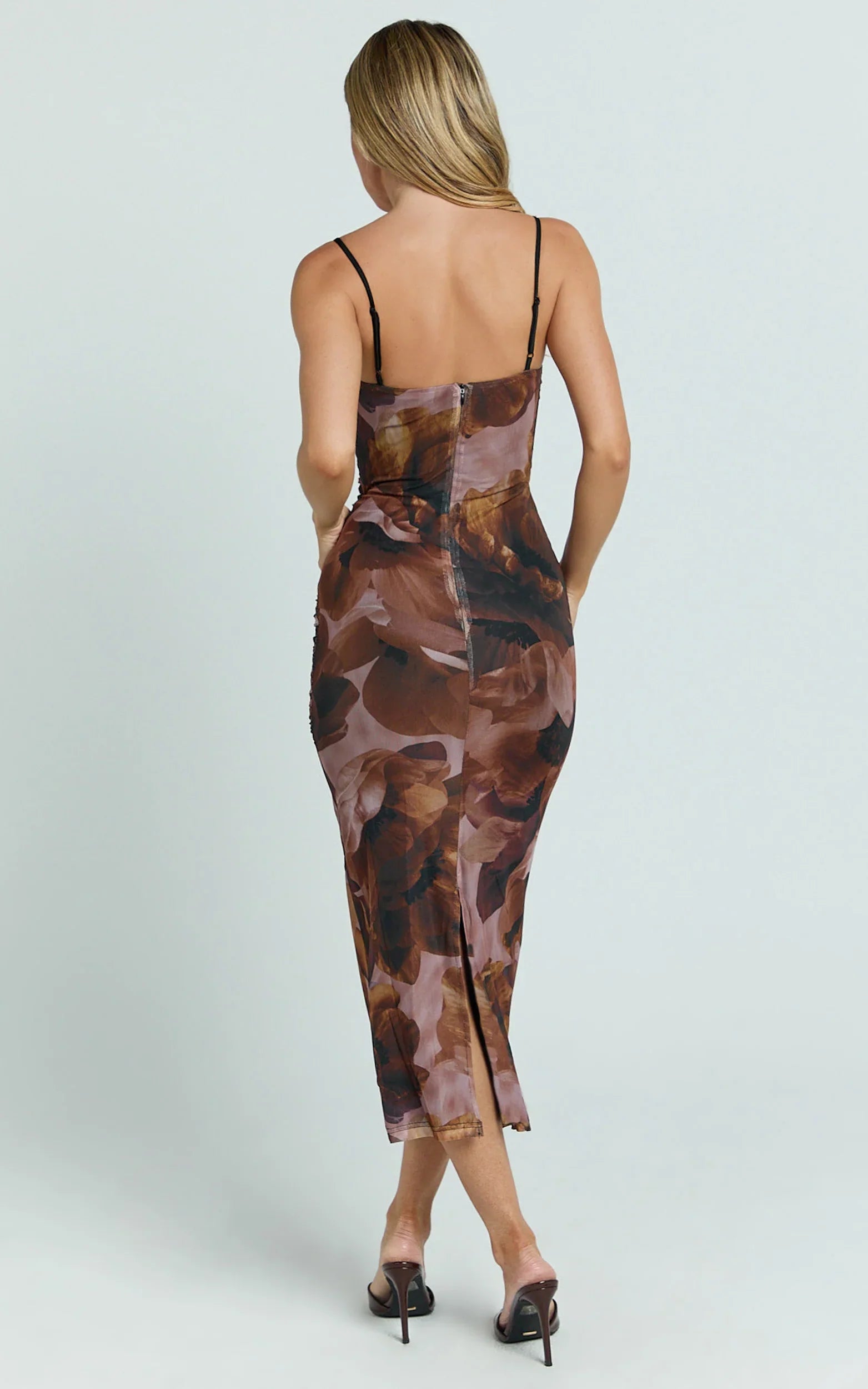 Rosalez Midi Dress Strappy Ruched Bodycon Dress in Ember Floral