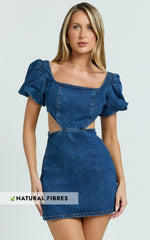 Freya Mini Dress Denim Cut Out Puff Sleeve Mini Dress in Mid Blue Wash
