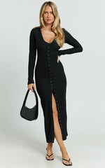 Zayla Midi Dress Long Sleeve Button Front Bodycon Dress in Black