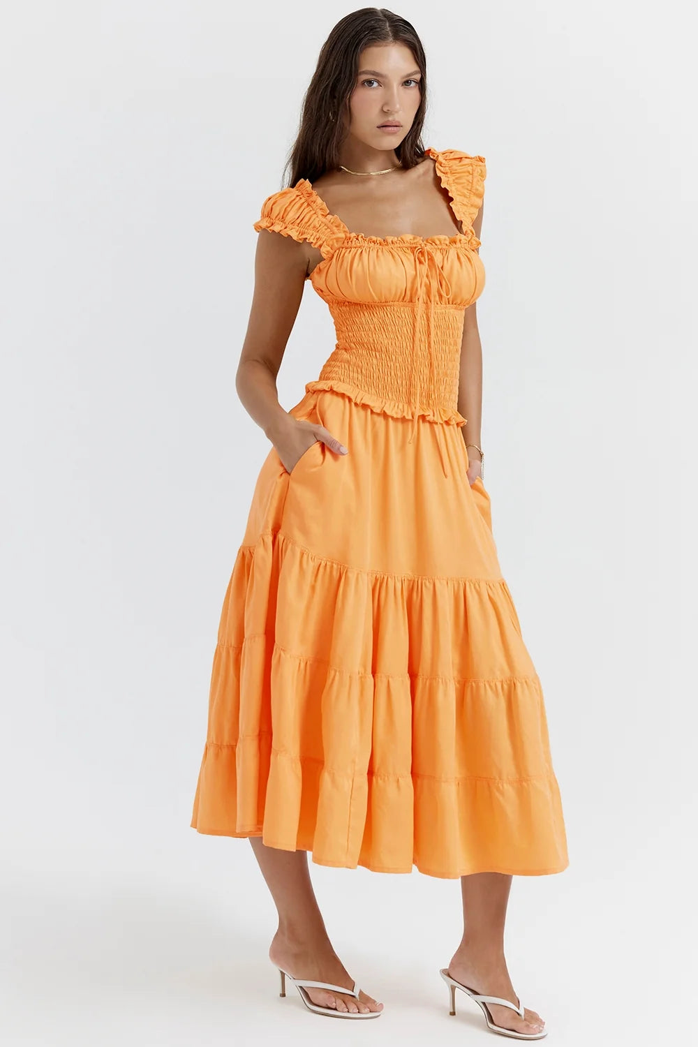 tangerine shirred sundress