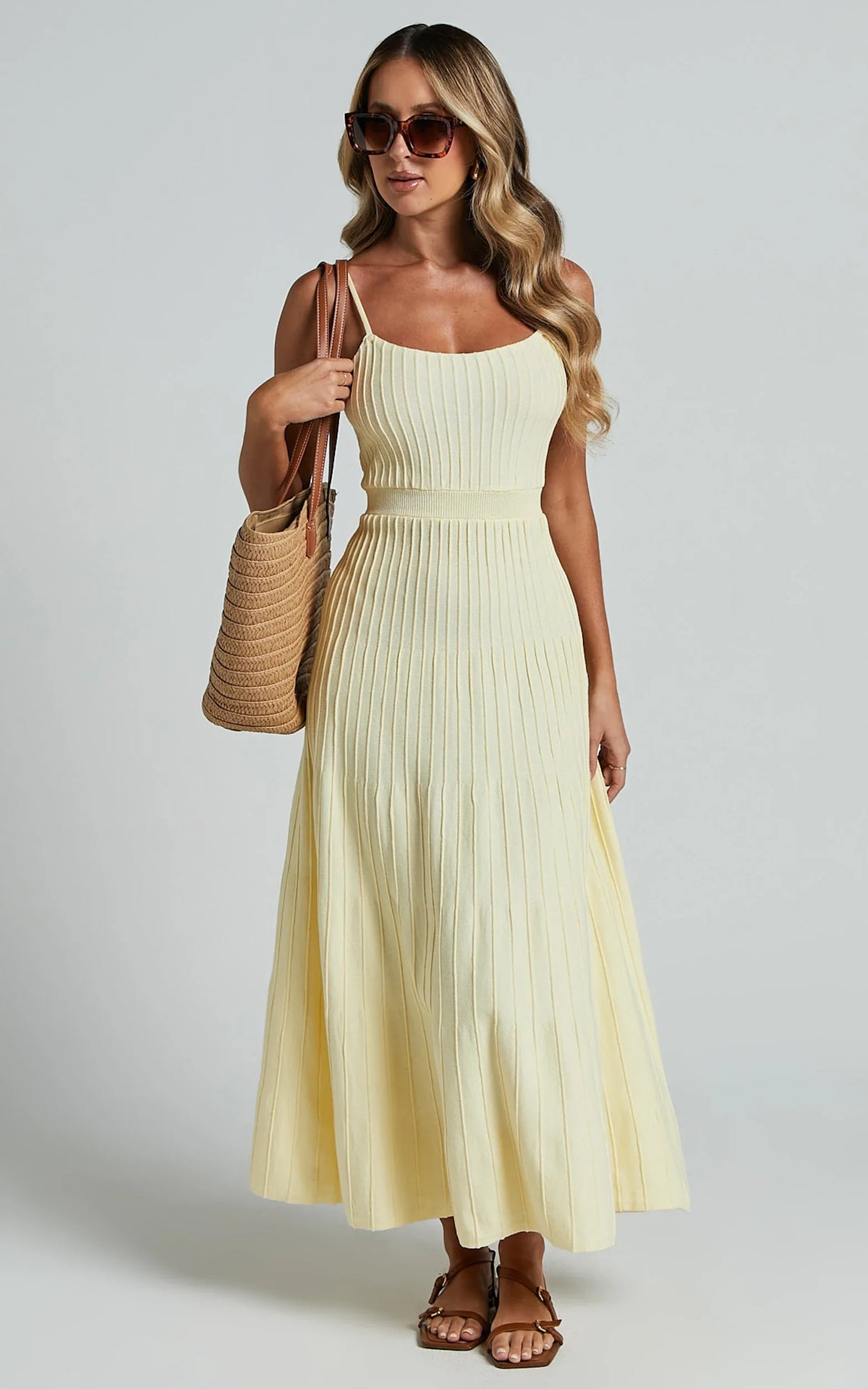Donissa Midi Dress Panelled Knit Dress in Butter Yellow
