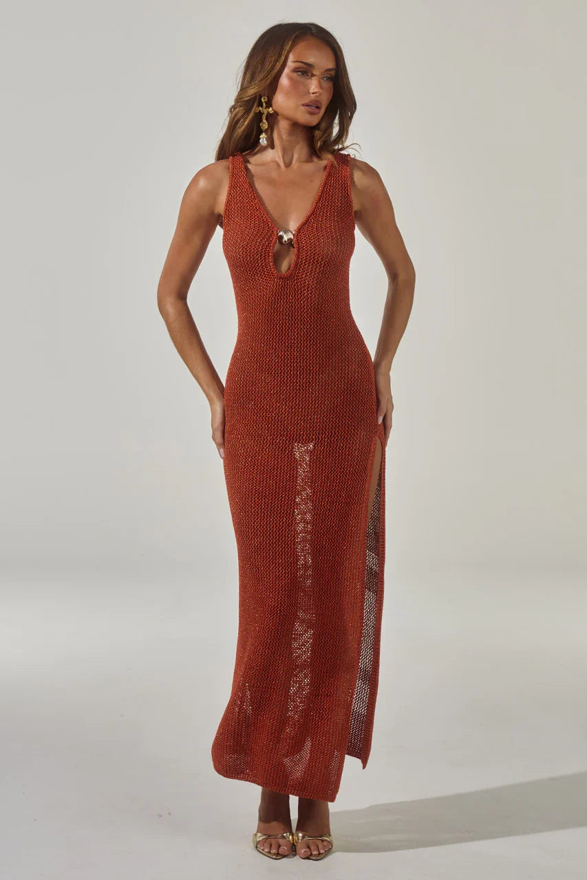 ARIYA SLEEVELESS KNIT MAXI DRESS RUST METALLIC