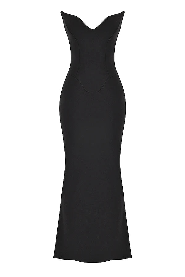 black crepe strapless corset dress