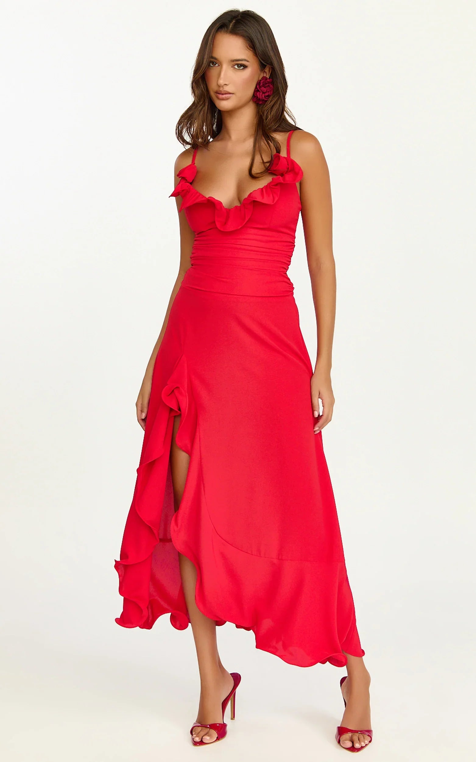 Vivienne Midi Dress Rosette Neck Gathered Frill Split Leg Dress in Red