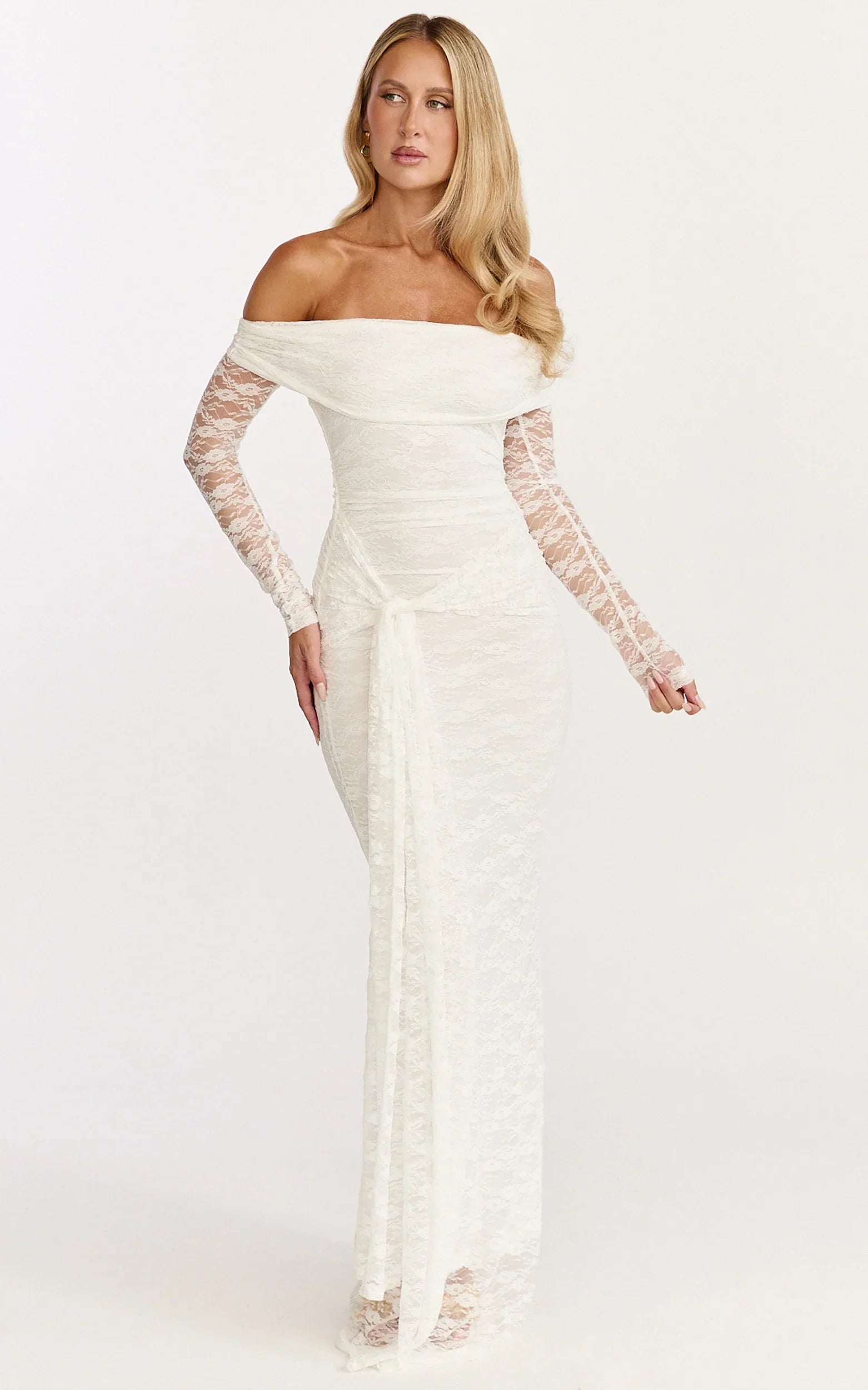 Melville Maxi Dress Off Shoulder Long Sleeve Lace Dress in White