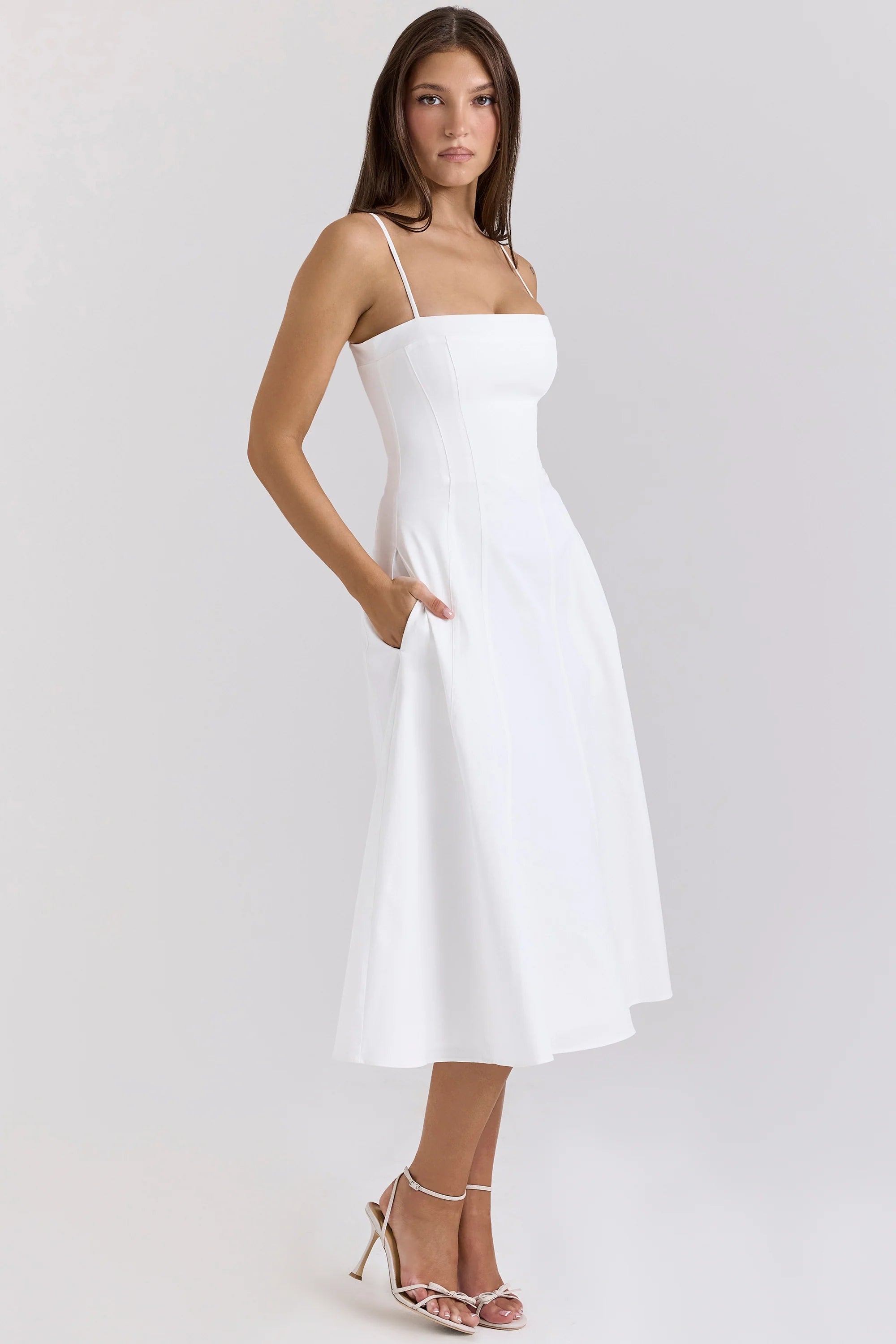 white stretch cotton a line midi sundress
