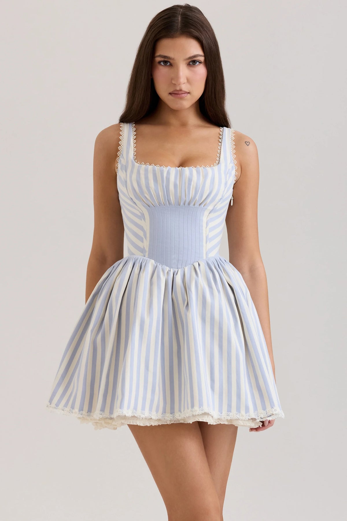 blue striped pintucked mini dress