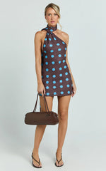 Maddox Mini Dress Scarf Neck Low Tie Back Slip Dress in Polka Dot Print
