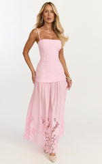 Everly Maxi Dress Straight Neck Broderie Cut Out Hem Dress in Pink