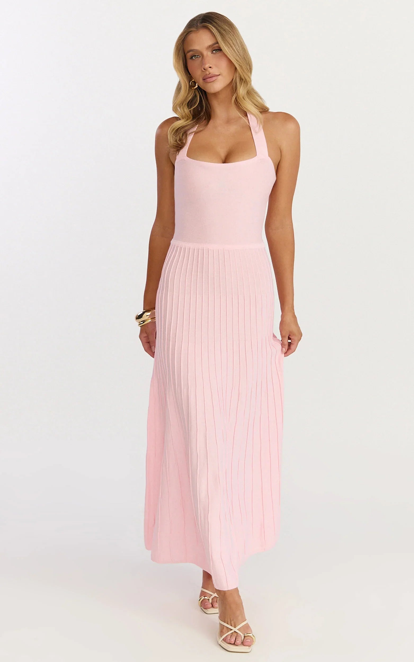 Candace Midi Dress Halter Neck Ribbed Knit Dress in Pale Pink
