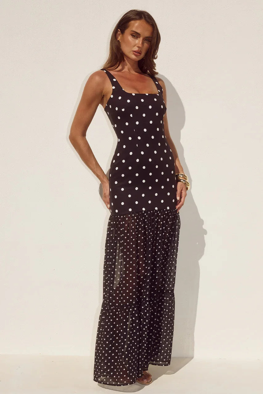 TILLIE SHEER BOTTOM MAXI DRESS BLACK WHITE POLKA