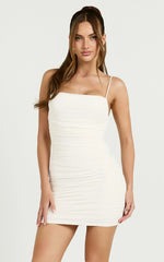 Lupita Mini Dress Ruched Square Neck Mini Dress in Cream