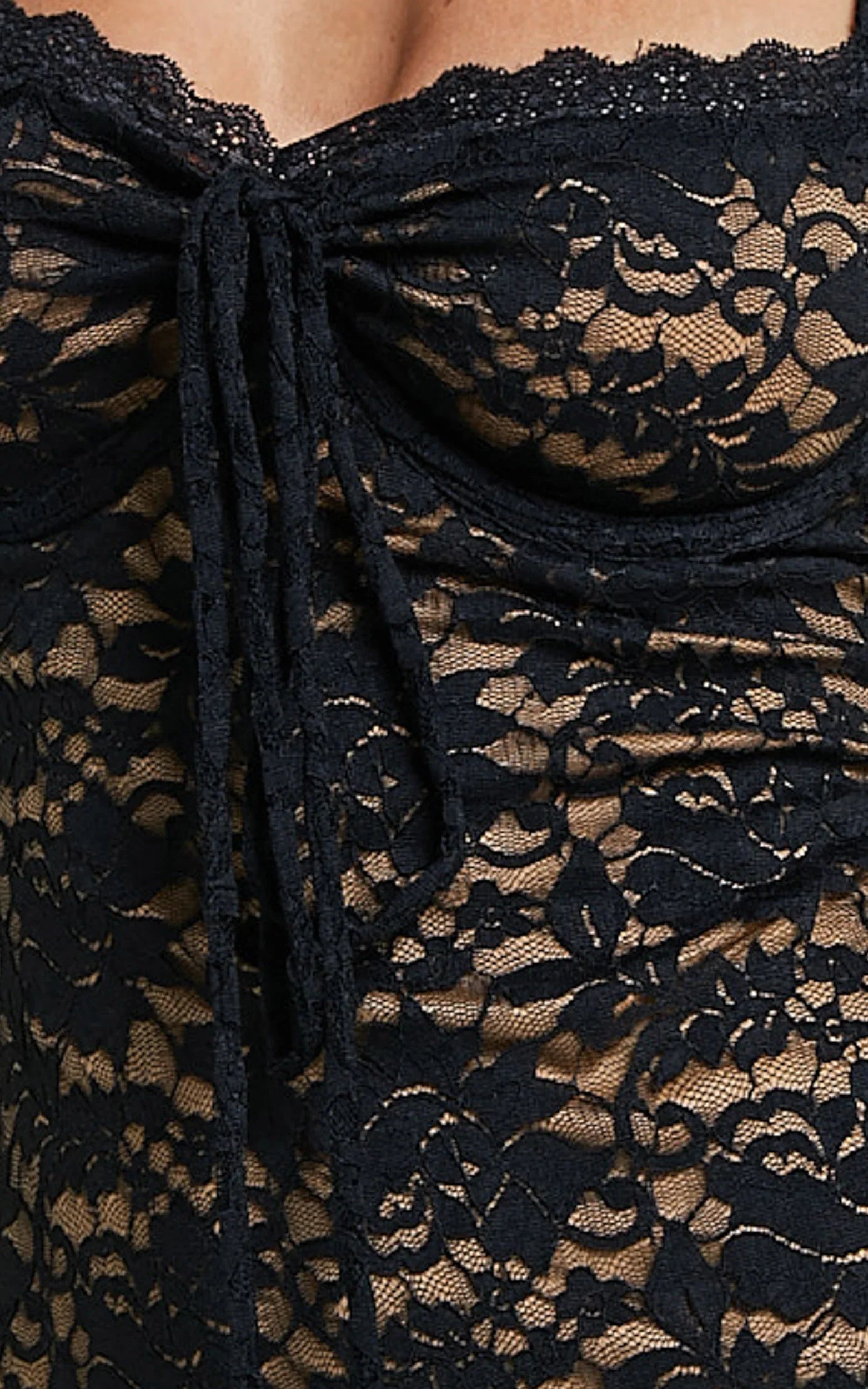 Collette Midi Dress Ruched Bust Wide Strap Detail Lace Midi Dress in Black
