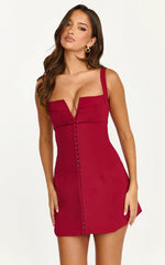 Odette Mini Dress Plunge V Neck A Line Dress in Cherry Red
