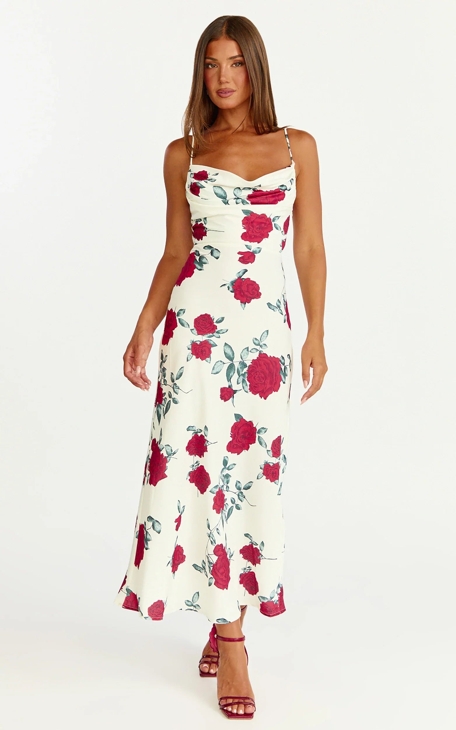 Dahlia Midi Dress Cowl Neck A Line Dress in Scarlet Rose Print