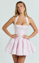 Maddy Mini Dress Square Neck Halter Fit And Flare Dress in Pink