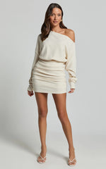 Alyce Mini Dress Long Sleeve One Shoulder Dress in Off White
