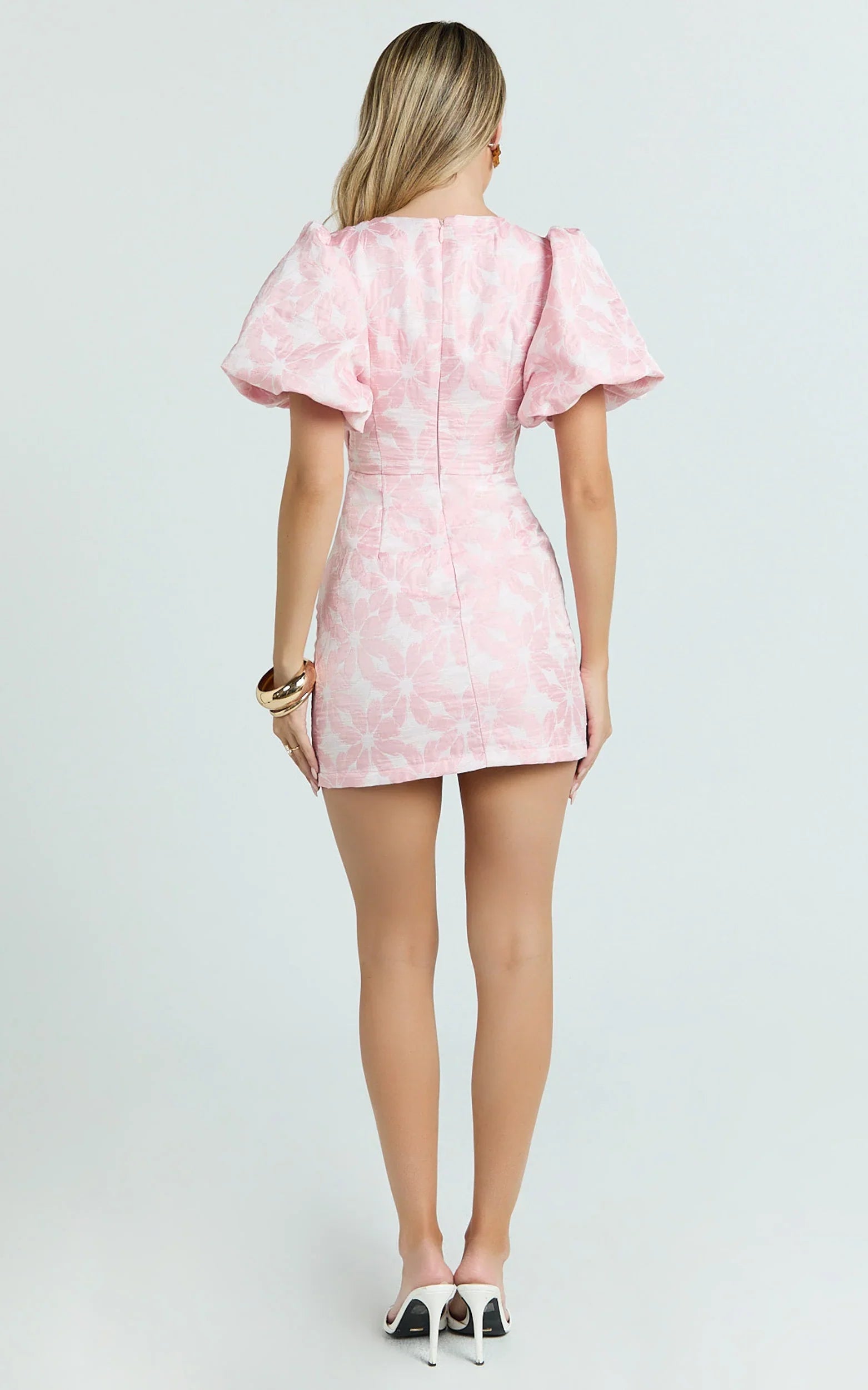 Diana Mini Dress Jacquard Short Sleeve Cut Out Dress in Light Pink