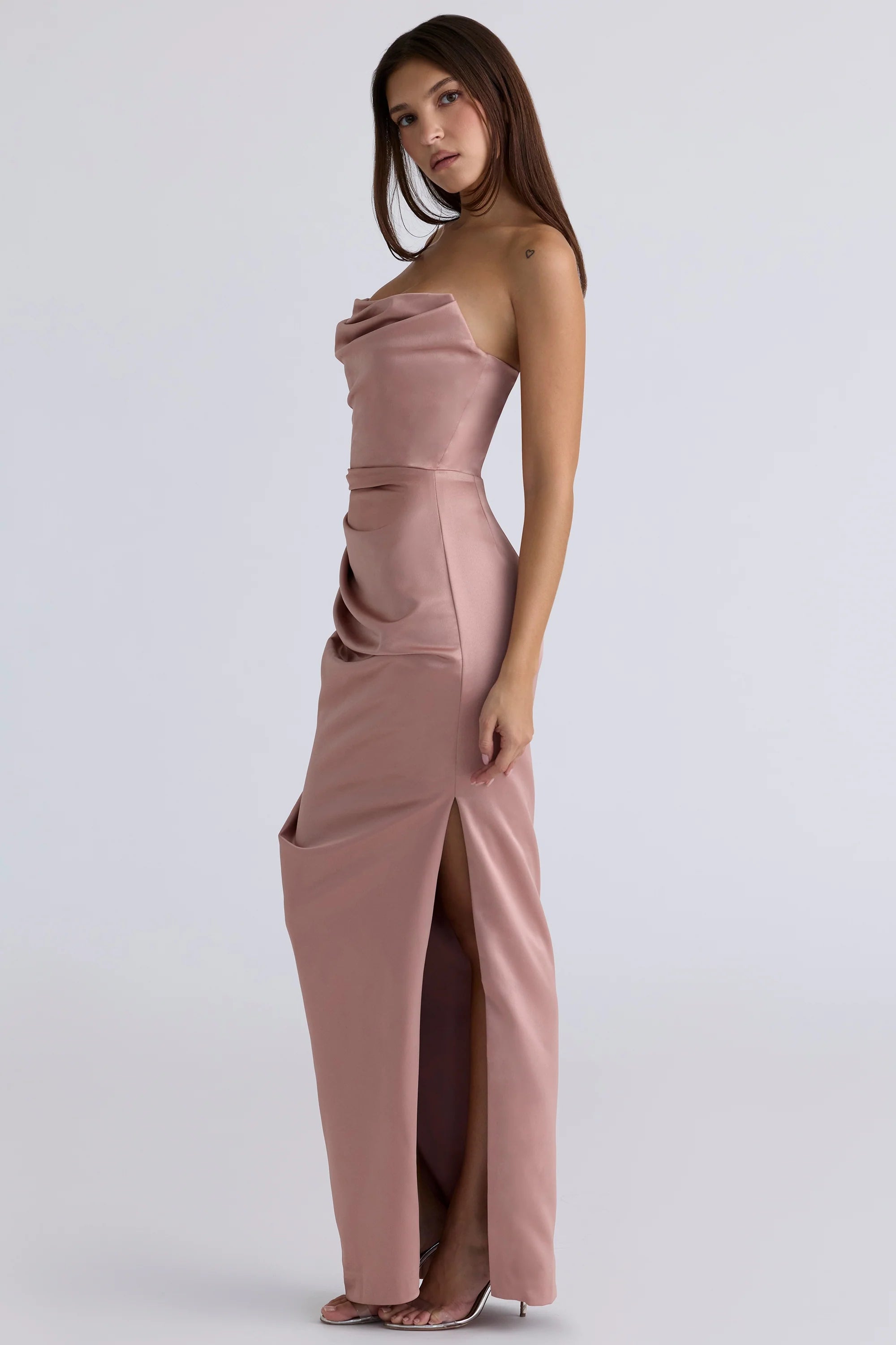blush satin strapless gown