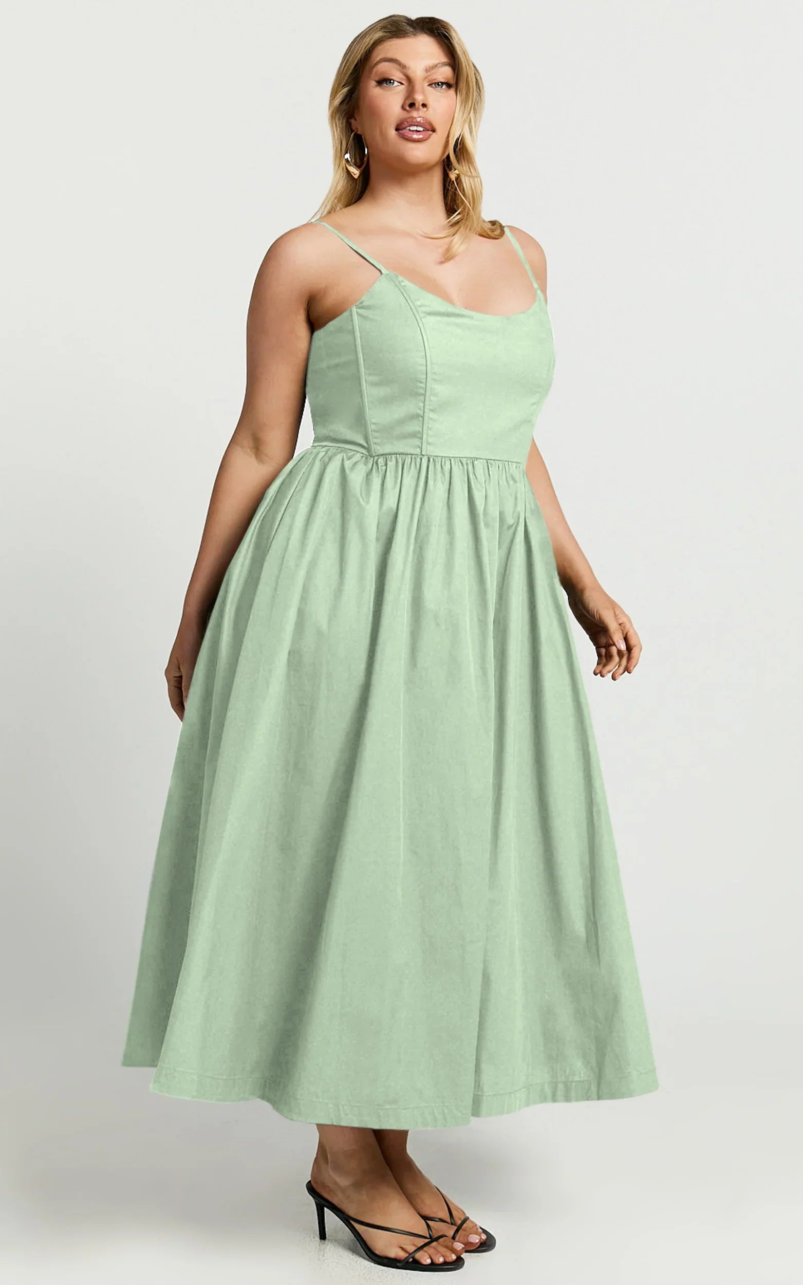 Braelyn Midi Dress Scoop Neck Flare Dress in Sage