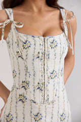 cream daisy print stretch cotton midi dress