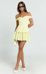 Izara Mini Dress Off Shoulder Pleated Dress in Lemon
