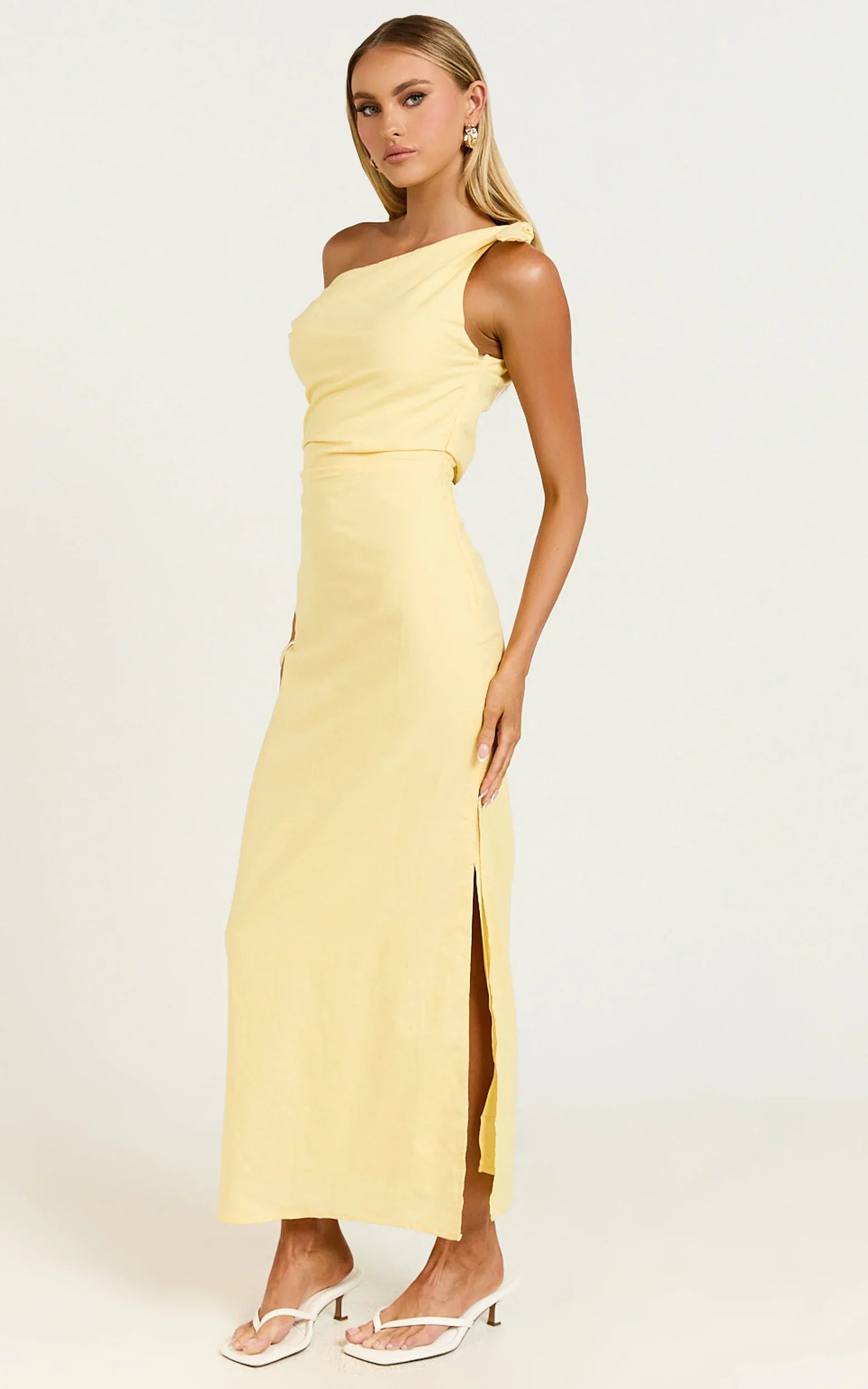 Cincinnati Midi Dress Off The Shoulder Side Split Column Linen Dress in Lemon