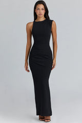 black asymmetric draped maxi dress