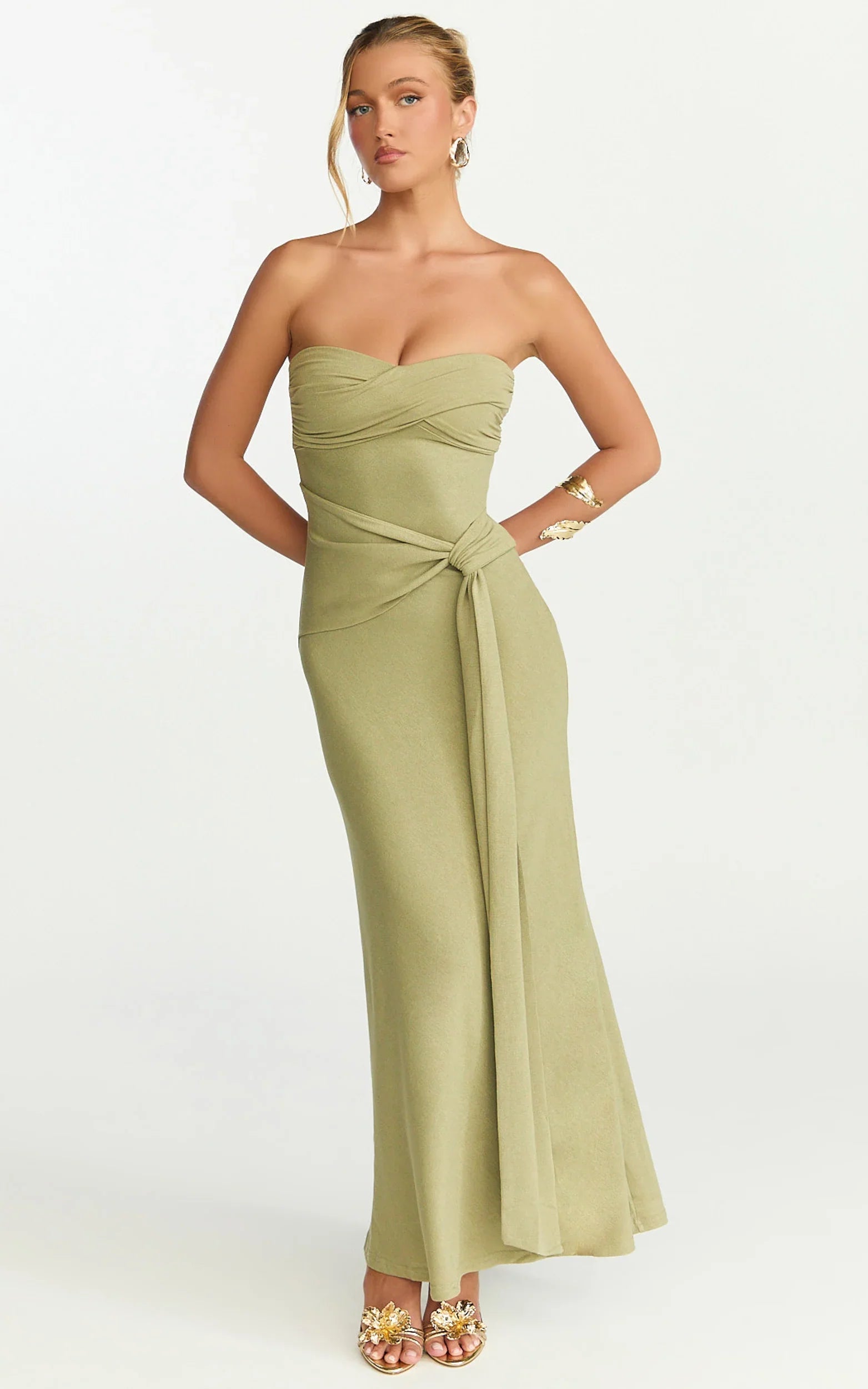 Aria Maxi Dress Strapless Tie Waist Dress in Sage