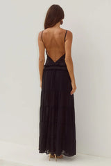 ROSETTA BACKLESS TIERED MAXI DRESS BLACK