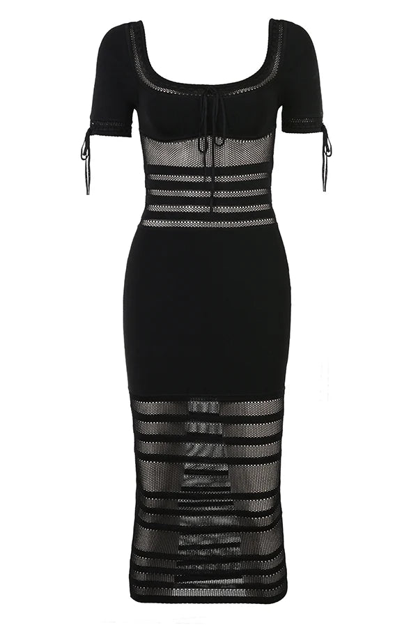 black openwork knit midi dress