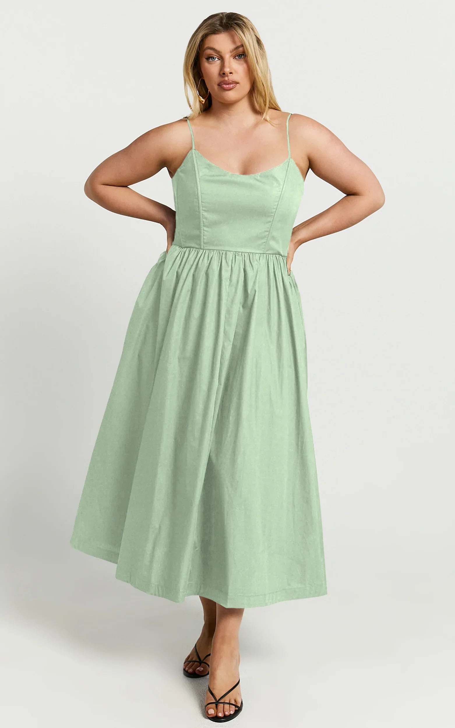 Braelyn Midi Dress Scoop Neck Flare Dress in Sage