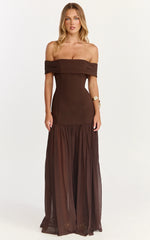 Florence Maxi Dress Off Shoulder Sheer Skirt Dress in Chocolate