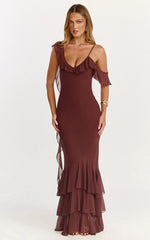 Riley Maxi Dress Asymmetric Ruffle Detail Maxi Dress in Chocolate